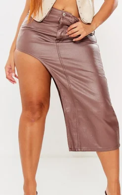 Shape Chocolate Coated Denim Asymmetric Midi Skirt