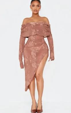 Shape Chocolate Floral Devore Fold Over Asymmetric Long Sleeve Midaxi Dress