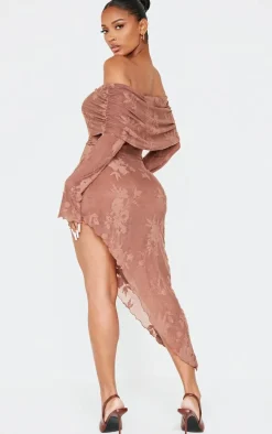 Shape Chocolate Floral Devore Fold Over Asymmetric Long Sleeve Midaxi Dress