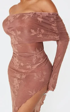 Shape Chocolate Floral Devore Fold Over Asymmetric Long Sleeve Midaxi Dress