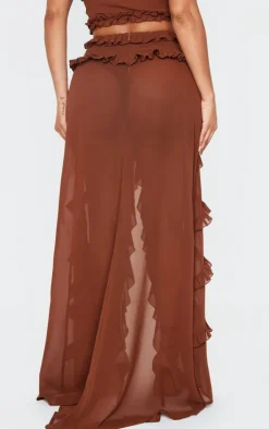Shape Chocolate Low Rise Frill Detail Front Split Maxi Skirt