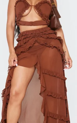 Shape Chocolate Low Rise Frill Detail Front Split Maxi Skirt