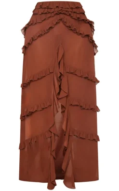 Shape Chocolate Low Rise Frill Detail Front Split Maxi Skirt