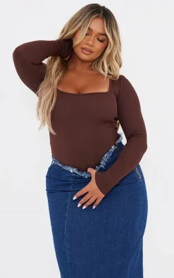 Shape Chocolate Rib Long Sleeve Square Neck Bodysuit