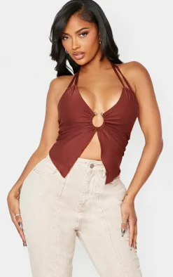 Shape Chocolate Slinky Halterneck Ring Detail Crop Top