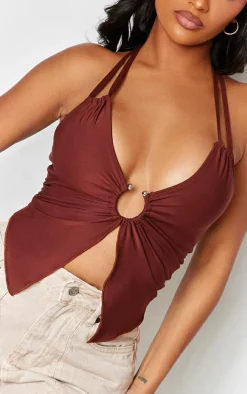 Shape Chocolate Slinky Halterneck Ring Detail Crop Top