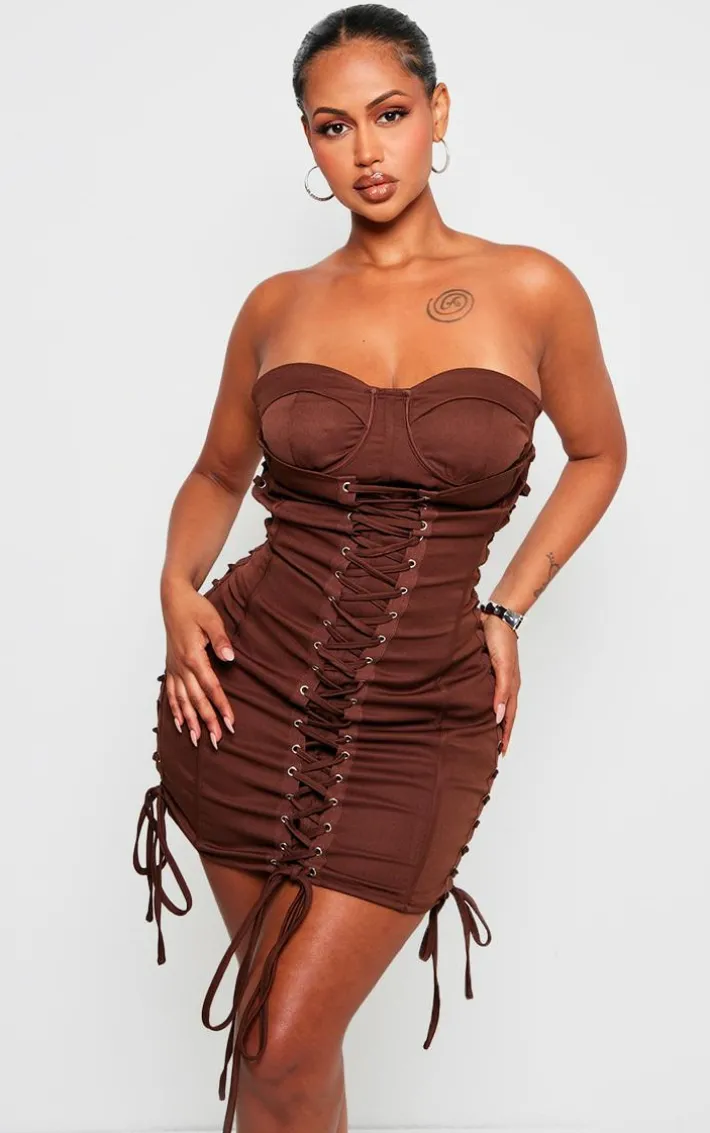 Shape Chocolate Woven Lace Up Corset Bandeau Bodycon Dress