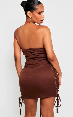 Shape Chocolate Woven Lace Up Corset Bandeau Bodycon Dress