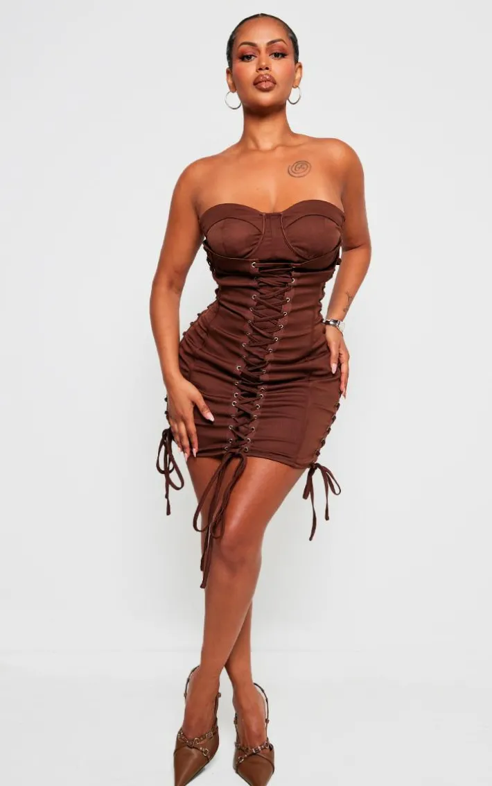 Shape Chocolate Woven Lace Up Corset Bandeau Bodycon Dress