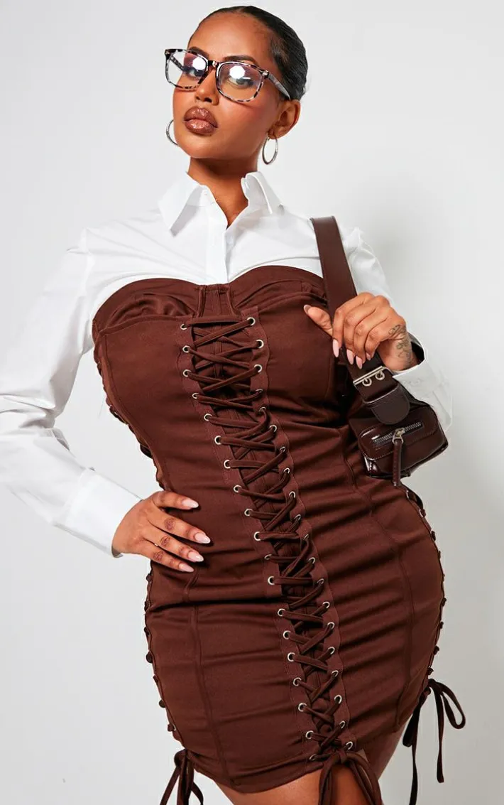 Shape Chocolate Woven Lace Up Corset Bandeau Bodycon Dress