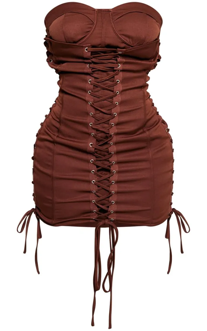 Shape Chocolate Woven Lace Up Corset Bandeau Bodycon Dress