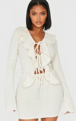 Shape Cream Brushed Rib Tie Front Frill Longline Top