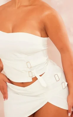 Shape Cream Buckle Detail Woven Mini Skirt
