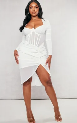 Shape Cream Corset Detail Long Sleeve Ruched Midi Dress