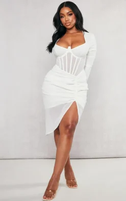 Shape Cream Corset Detail Long Sleeve Ruched Midi Dress