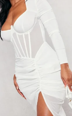 Shape Cream Corset Detail Long Sleeve Ruched Midi Dress