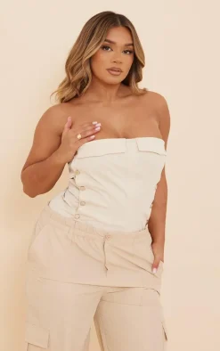 Shape Cream Denim Look Button Up Bandeau Crop Top
