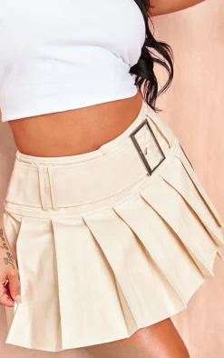 Shape Cream Faux Leather Pleated Belted Micro Mini Skirt