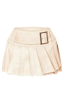 Shape Cream Faux Leather Pleated Belted Micro Mini Skirt