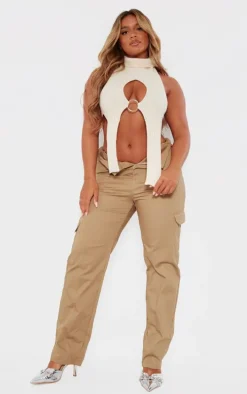 Shape Cream Knit Cut Out Ring Detail Crop Top