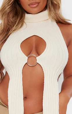 Shape Cream Knit Cut Out Ring Detail Crop Top