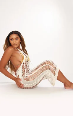 Shape Cream Knit Ladder Backless Halterneck Midi Dress