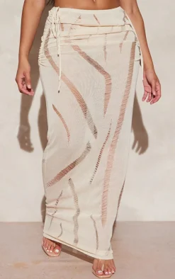 Shape Cream Knit Ladder Detailed Low Rise Ruched Side Maxi Skirt