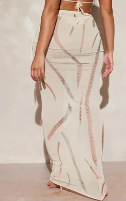 Shape Cream Knit Ladder Detailed Low Rise Ruched Side Maxi Skirt