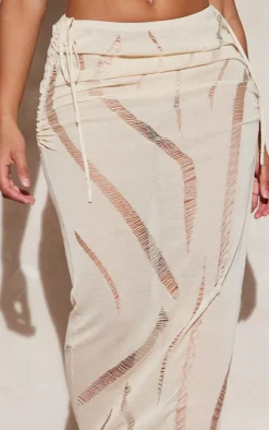 Shape Cream Knit Ladder Detailed Low Rise Ruched Side Maxi Skirt