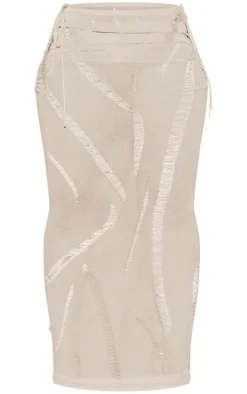 Shape Cream Knit Ladder Detailed Low Rise Ruched Side Maxi Skirt