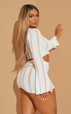 Shape Cream Ladder Detail Knit Flare Sleeve Crop Top