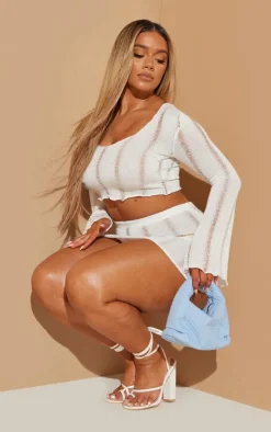 Shape Cream Ladder Detail Knit Flare Sleeve Crop Top