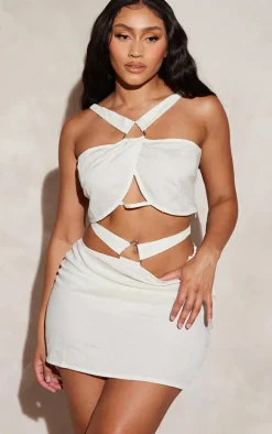 Shape Cream Linen Look Triangle Trim Detail Mini Skirt