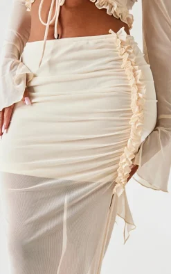 Shape Cream Low Rise Frill Detail Side Split Maxi Skirt