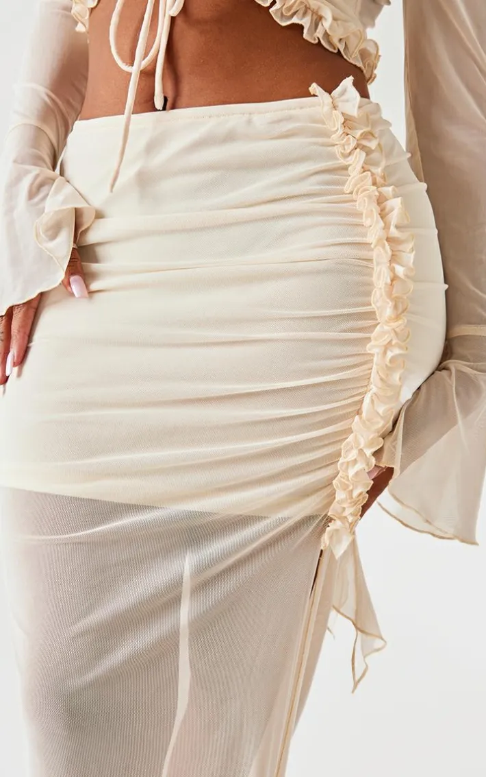 Shape Cream Low Rise Frill Detail Side Split Maxi Skirt