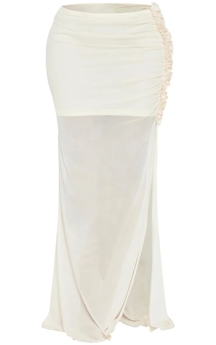 Shape Cream Low Rise Frill Detail Side Split Maxi Skirt
