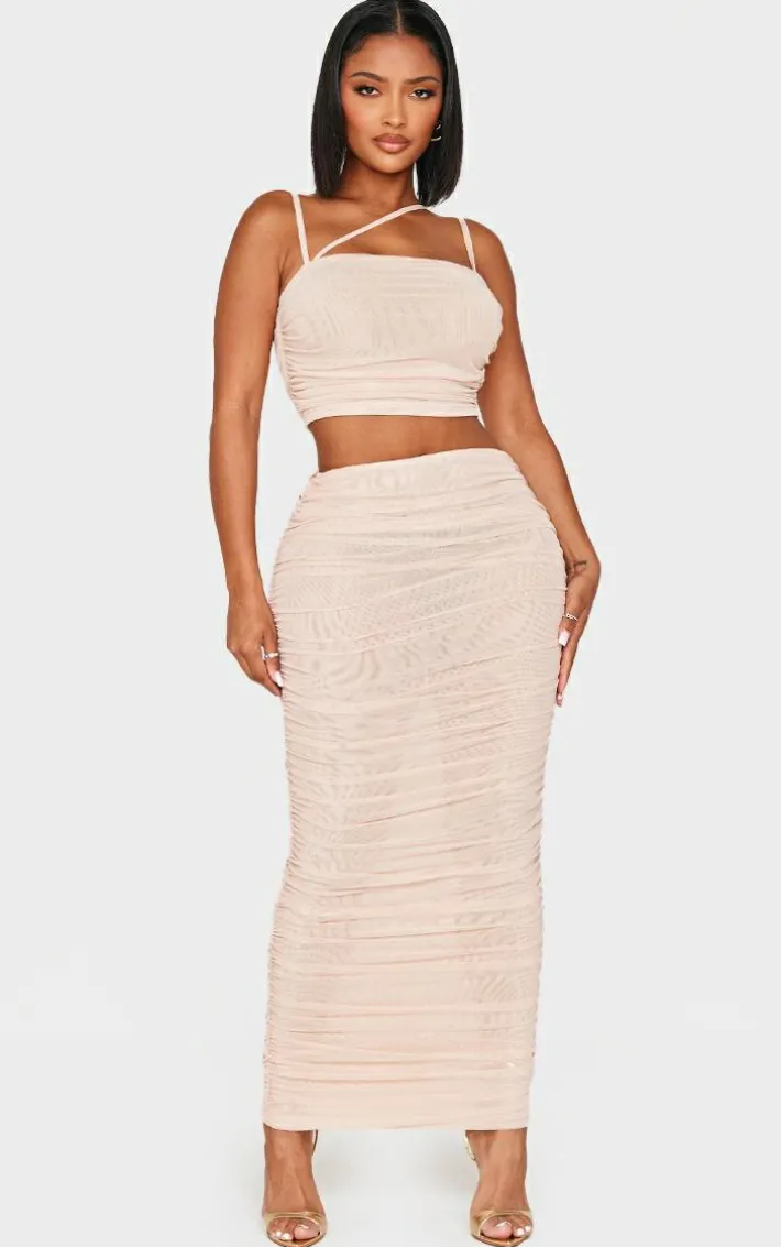 Shape Cream Mesh Low Rise Ruched Maxi Skirt