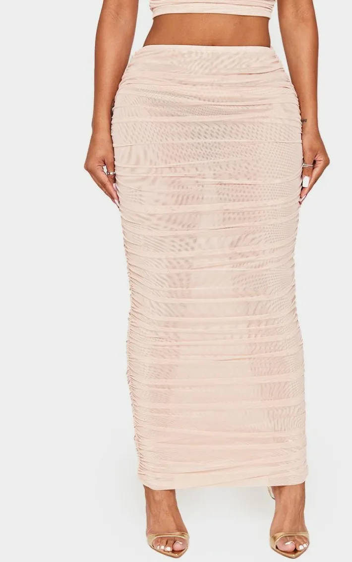 Shape Cream Mesh Low Rise Ruched Maxi Skirt