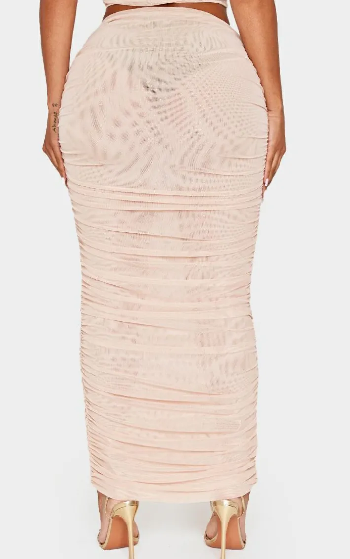 Shape Cream Mesh Low Rise Ruched Maxi Skirt