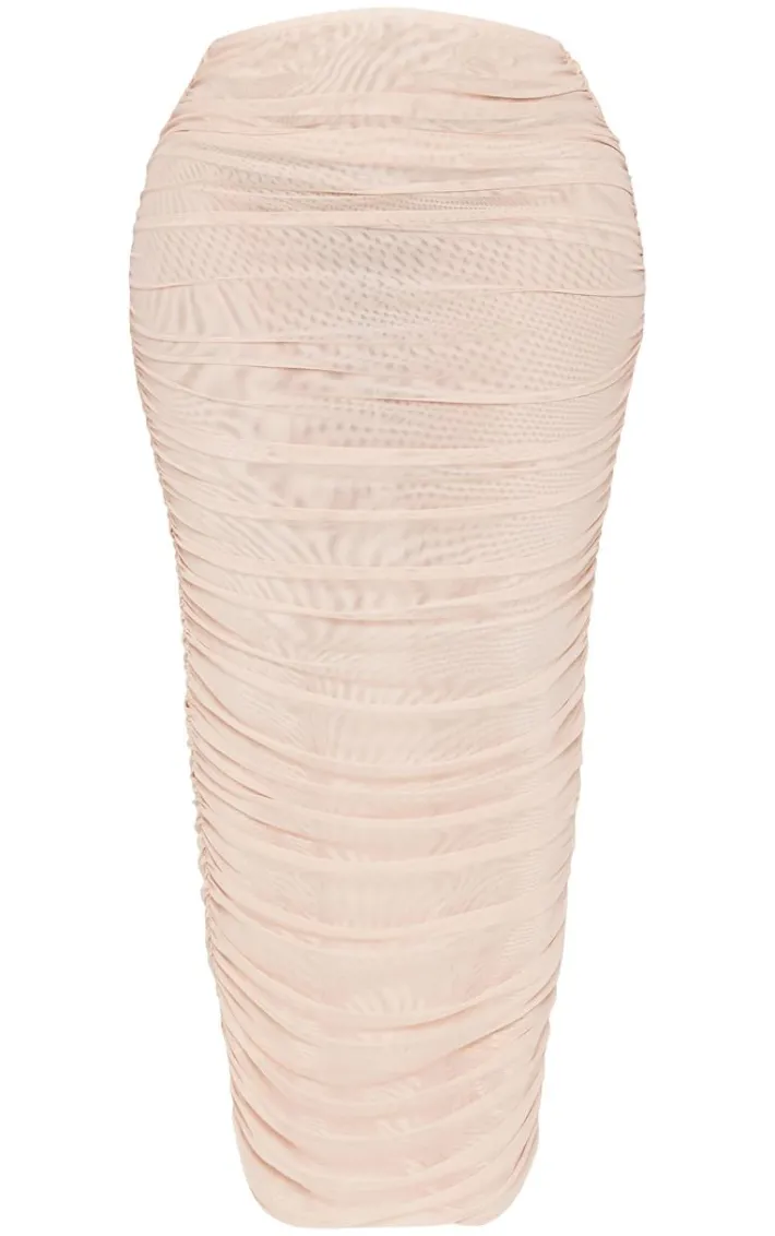 Shape Cream Mesh Low Rise Ruched Maxi Skirt