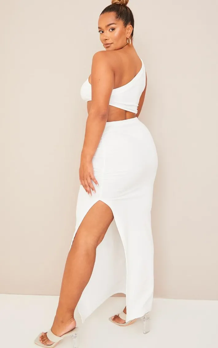 Shape Cream One Shoulder Ruched Cut Out Extreme Split Maxi Dress