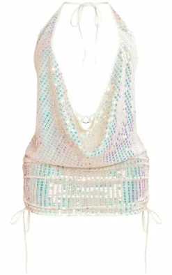 Shape Cream Sequin Halterneck Cowl Cutout Back Detail Bodycon Dress