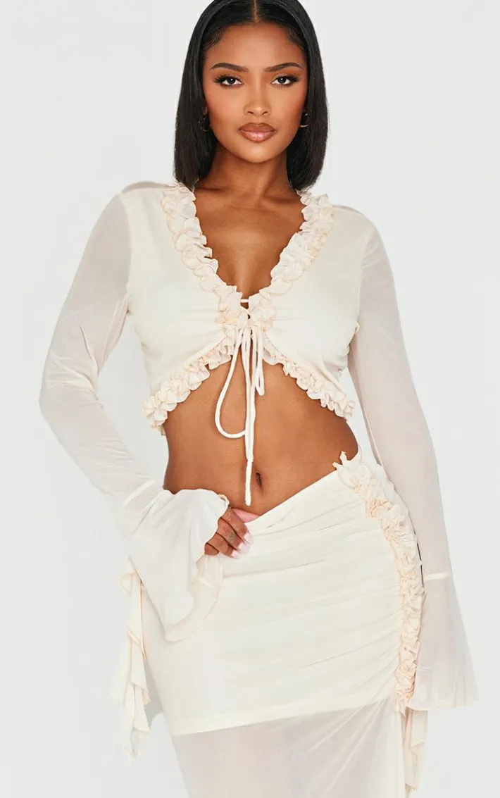 Shape Cream Tie Front Frill Edge Flare Sleeve Top