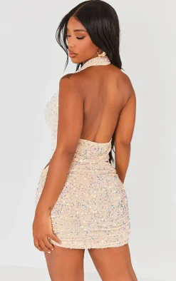 Shape Cream Velvet Sequin Halterneck Cowl Crop Top