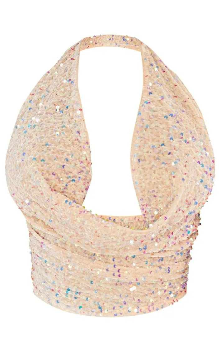 Shape Cream Velvet Sequin Halterneck Cowl Crop Top