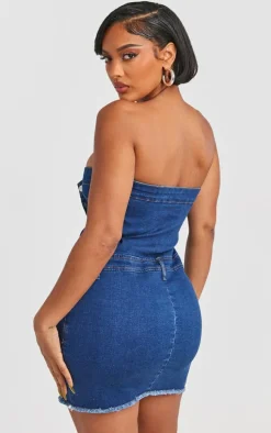 Shape Dark Blue Denim Button Front Bandeau Dress