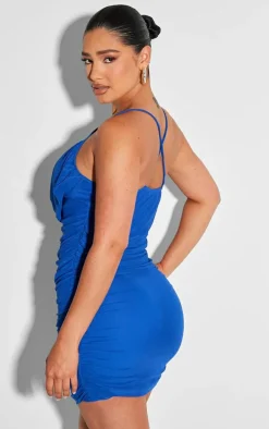 Shape Dark Blue Mesh Cowl Bralette Detail Ruched Bodycon Dress