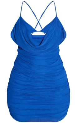 Shape Dark Blue Mesh Cowl Bralette Detail Ruched Bodycon Dress