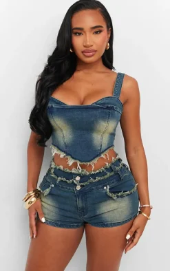 Shape Dark Blue Stretch Denim Fray Detail Corset