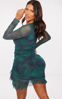 Shape Dark Green Mesh Long Sleeve Ruched Side Frill Hem Bodycon Dress